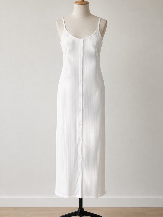 Dresses & Skirts - Sleeveless White Ribbed Maxi Dress with Button-Front